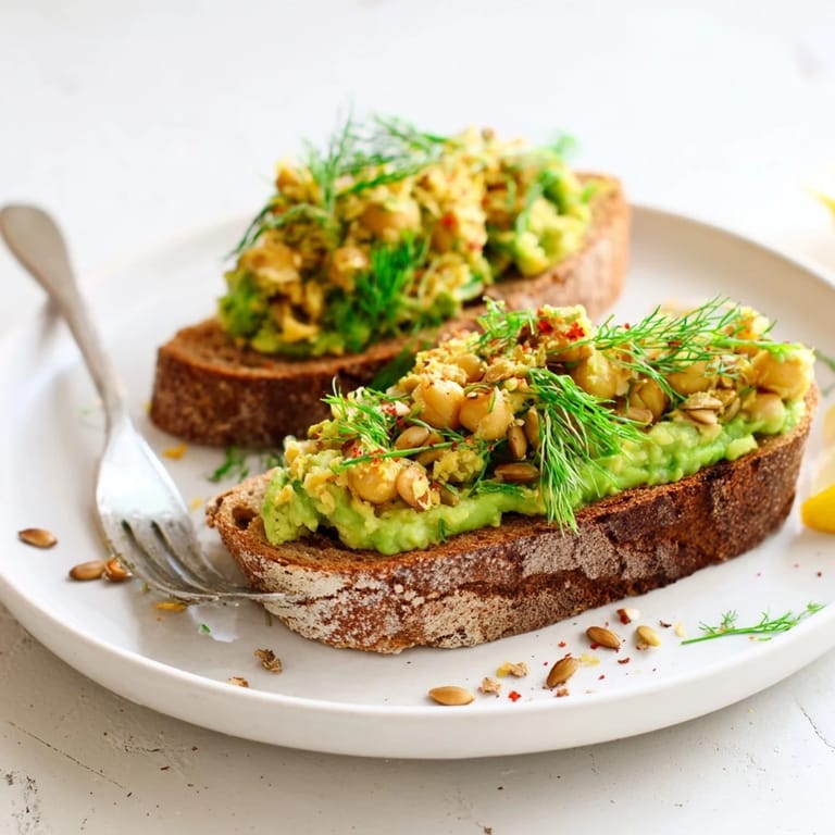 A close-up shot of homemade avocado toast with chickpeas; a colorful breakfast delight.