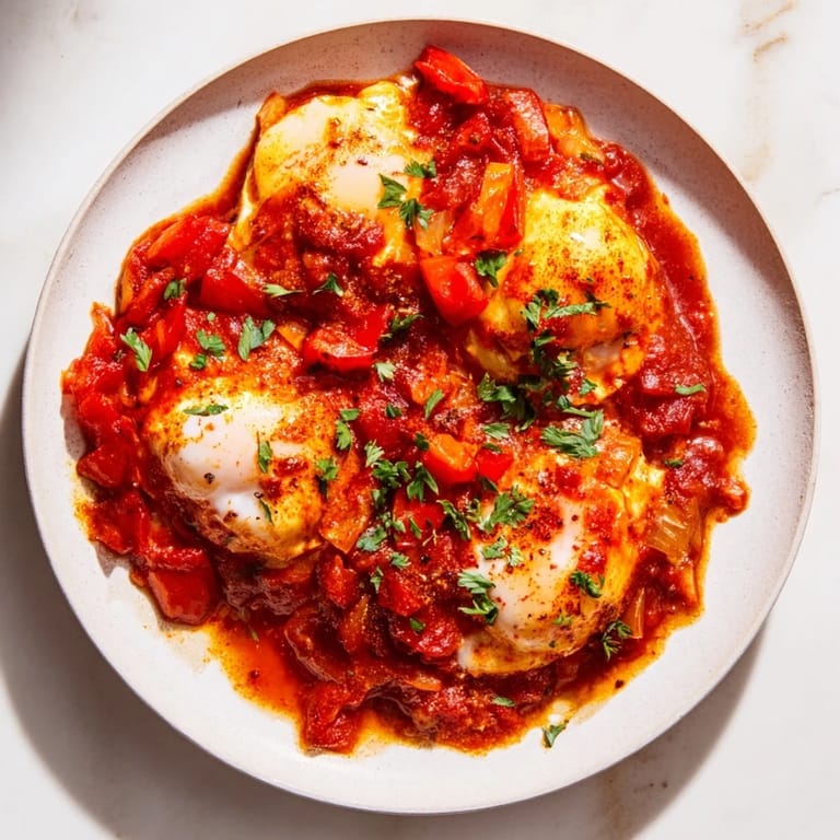 Middle Eastern-inspired Savoury Baked Eggs in Tomato Sauce, baked until the yolks are golden and runny, ready to drizzle.
