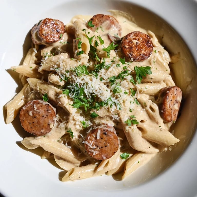 Steaming plate piled high with Cajun Spiced Smoked Sausage Alfredo, ready for a delicious dinner.