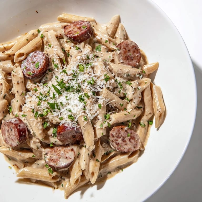 A beautiful bowl with fresh parsley garnish, presenting a comforting Cajun Spiced Smoked Sausage Alfredo.