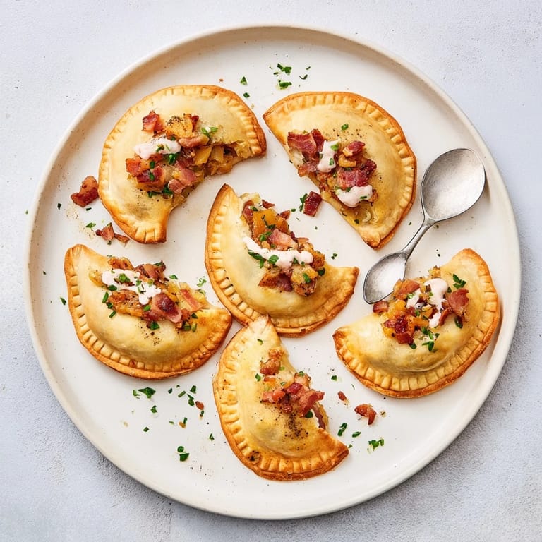Golden-fried Loaded Baked Potato Soup Dumplings sit on a plate, surrounded by toppings like chives and cheese.