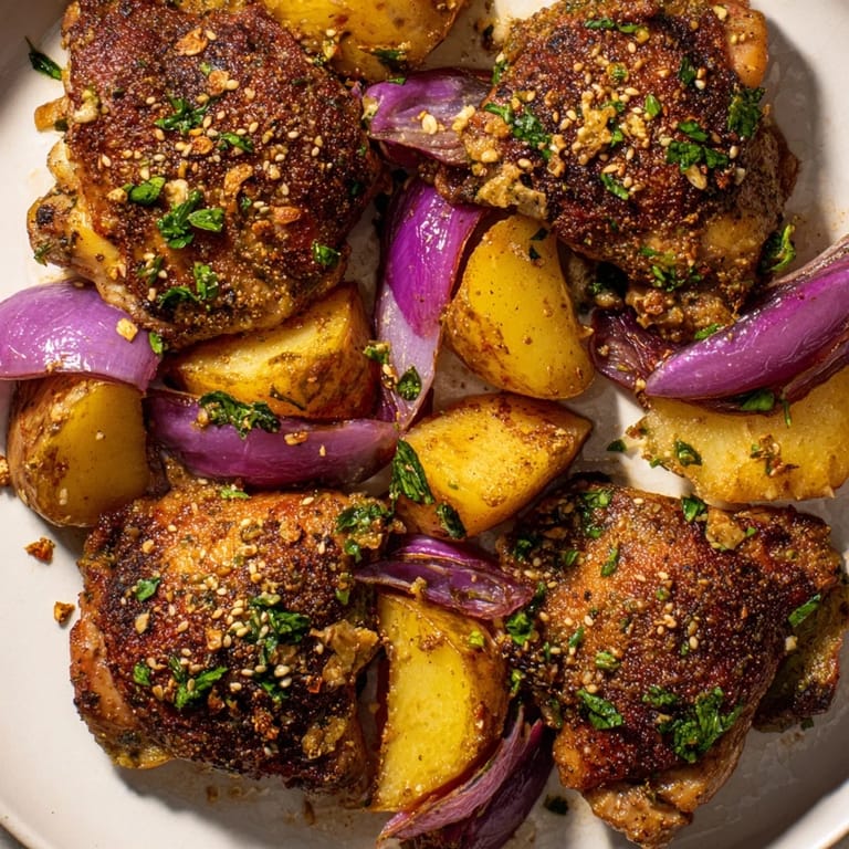 Imagine the aroma! Juicy Pan-Roasted Zaatar Chicken and Potatoes with vibrant parsley and lemon, ready to serve.