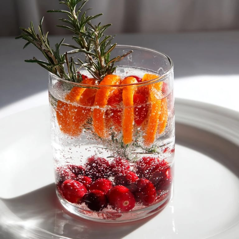 Close-up of a refreshing snow globe mocktail, showcasing floating cranberries and a hint of winter's charm.