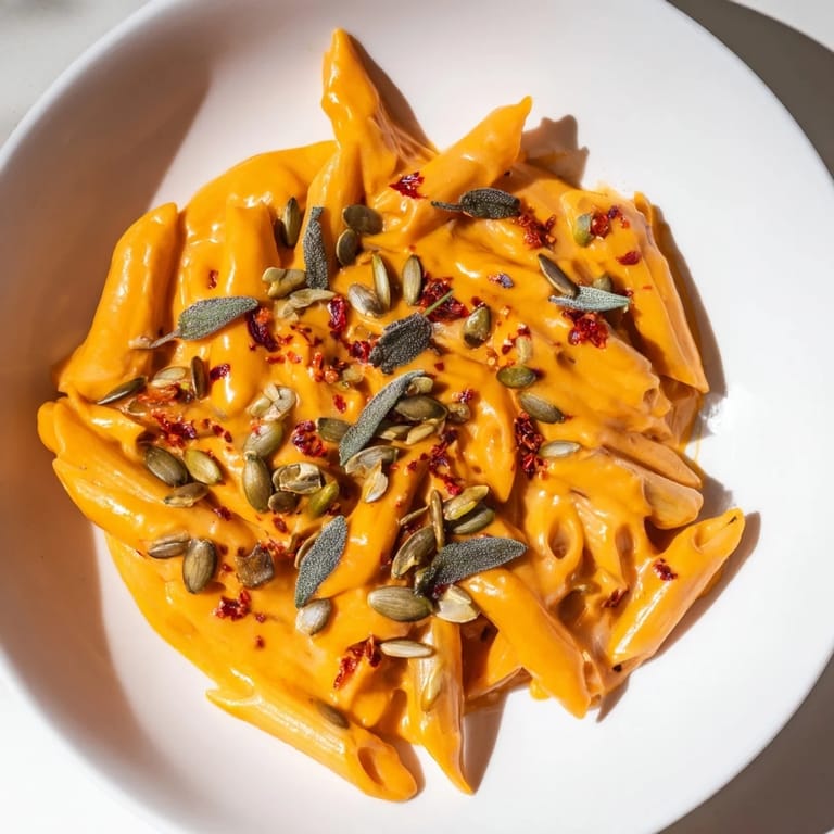 Savory Vegan Creamy Pumpkin Pasta, generously garnished with toasted pumpkin seeds and chili flakes.
