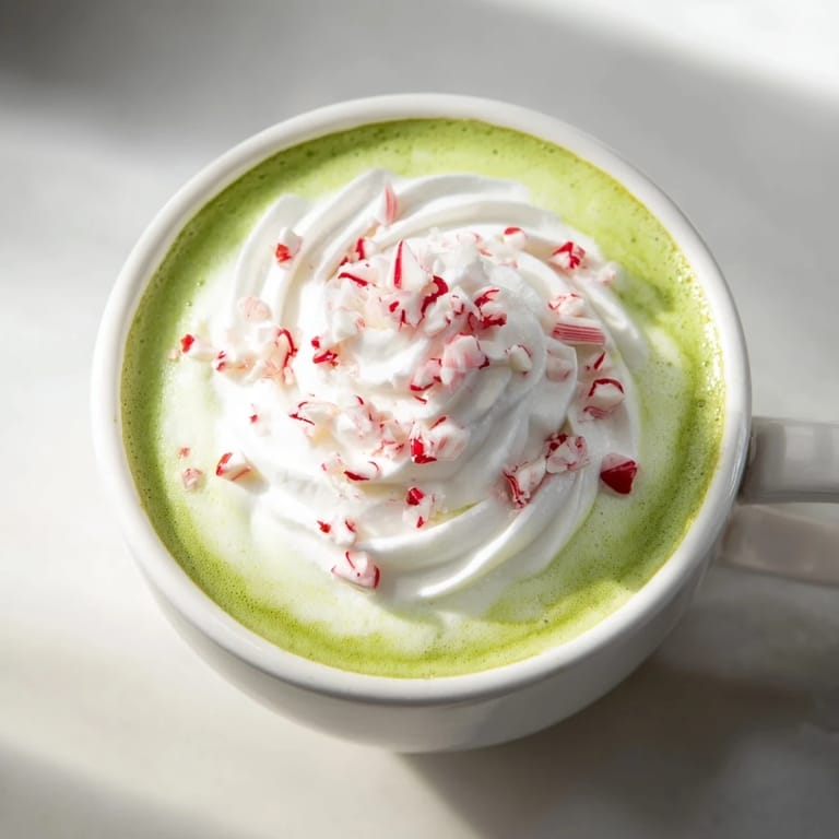 Earthy green matcha contrasts with the peppermint in this festive Cozy Peppermint Matcha Christmas Latte.