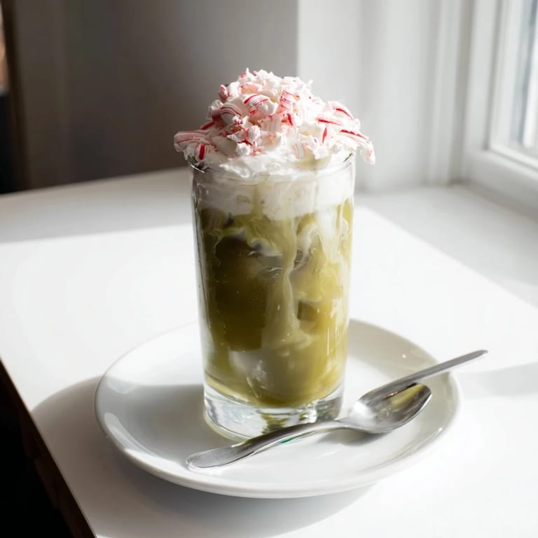 Refreshing Sugar-Free White Chocolate Candy Cane Iced Matcha layered with whipped cream and crushed candy.
