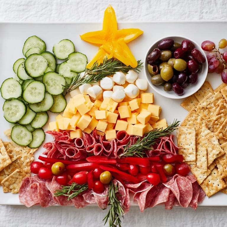 This loaded Christmas Tree Snack Board features a star-topped arrangement of delicious appetizers perfect for sharing.