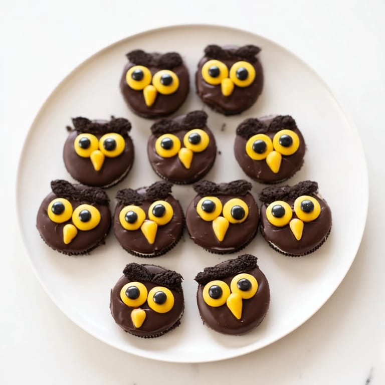 See the festive Hoot Hoot Owl treats: chocolate cookies with candy eyes, pretzel wings, and bright fruit!