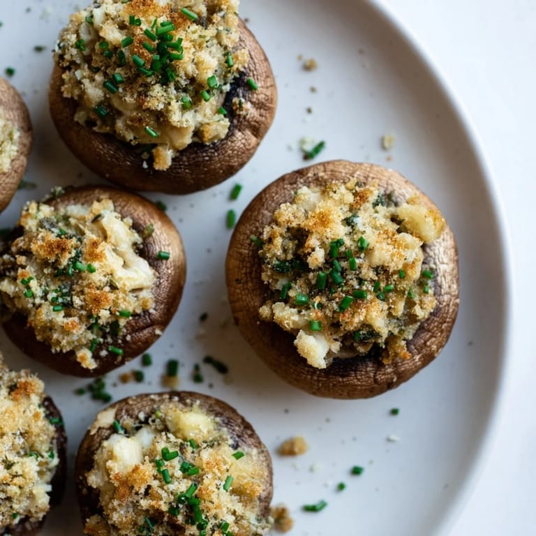 Close-up of baked Enchanted Forest Mushroom Nibbles, filled with herbs, ready to be enjoyed.