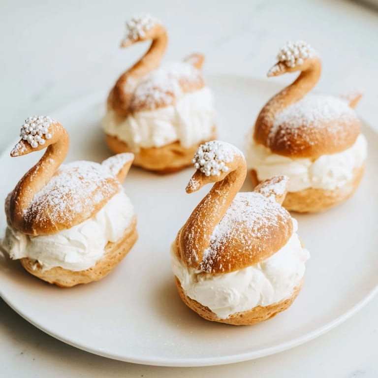 Fluffy Elegant Swan Mini Pastries, lightly dusted with powdered sugar, perfect for a special tea party.