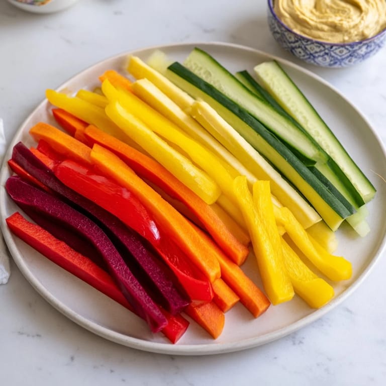 Enjoy perfectly sliced Rainbow Arch Veggie Sticks, a healthy and visually appealing snack for everyone to enjoy.