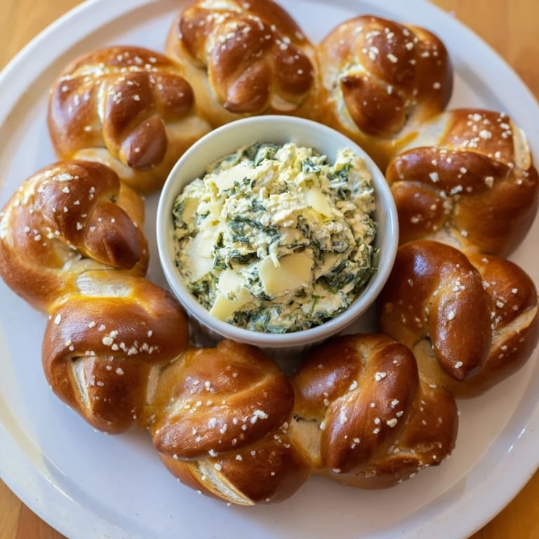 Golden brown pretzel balls circle a piping hot, cheesy spinach dip in this Pretzel Wreath Dip.