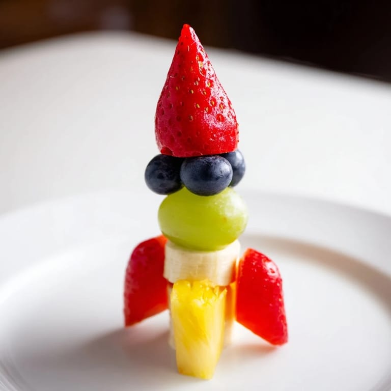 These easy-to-make rocket ship fruit skewers feature vibrant strawberries, grapes, and bananas.