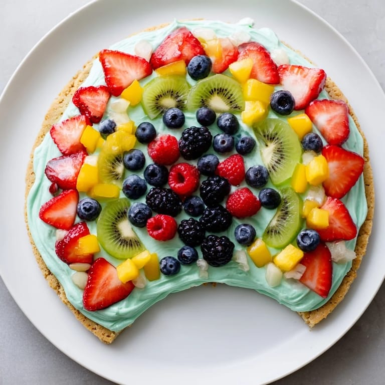 Cool, frosted Under the Sea Mermaid Tail Fruit Pizza with juicy, layered fruit offering a sweet, summery flavor.