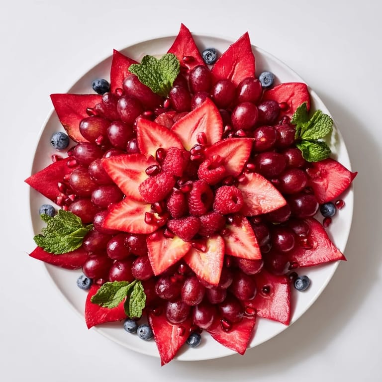 A beautifully arranged Festive Poinsettia Fruit Bowl, perfect for holiday brunch, offering sweet and juicy flavors.
