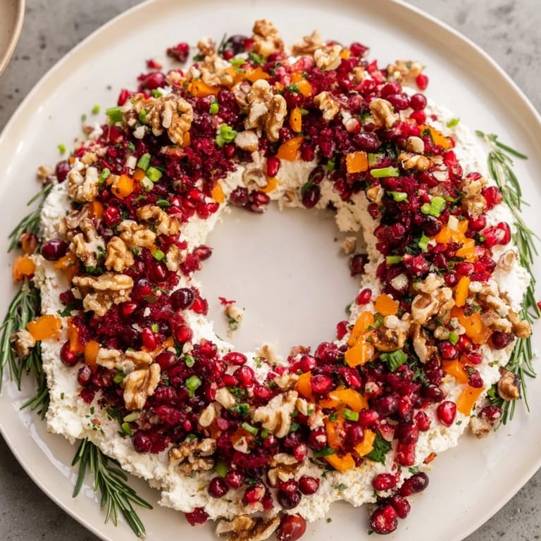 Appetizing photo of a festive Cranberry Feta Dip Wreath; a delicious vegetarian appetizer for sharing.