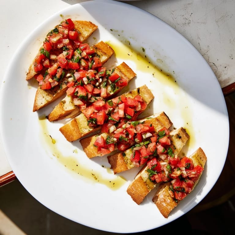 Juicy tomato and basil mixture piled high on garlic-rubbed bruschetta, a flavorful Italian treat ready to serve.