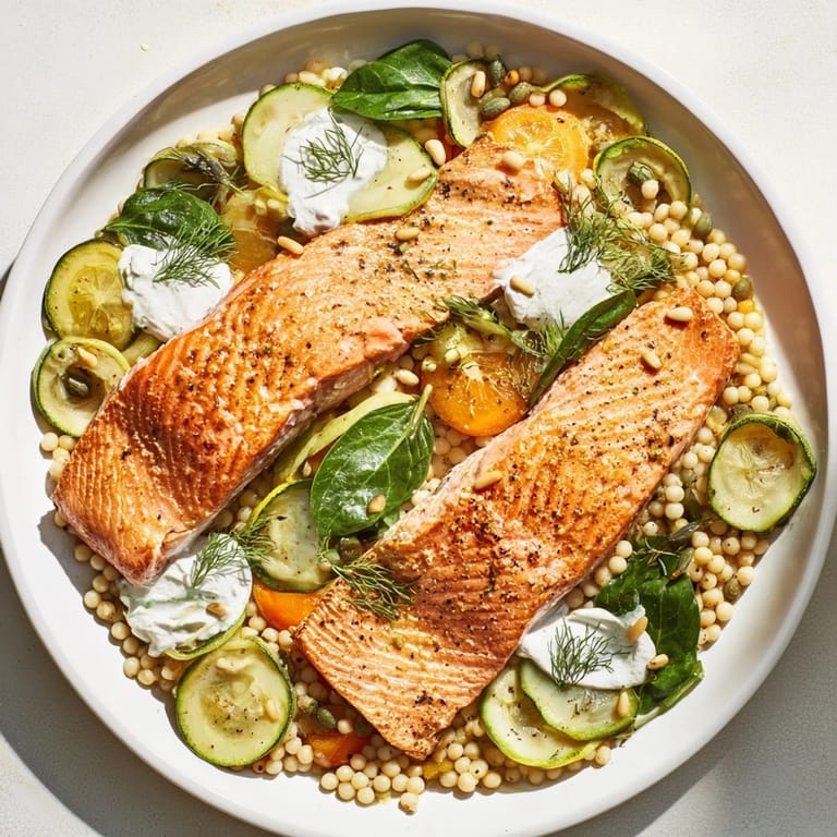 Delightful The Infinity Loop Flow: A serving of flaky salmon, fresh veggies, and couscous in an artistic presentation.