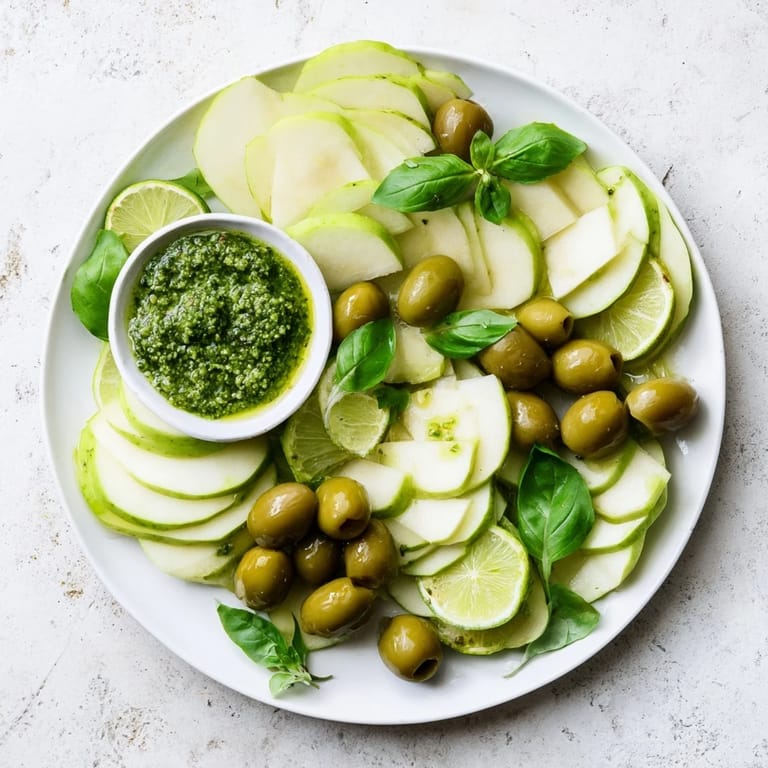 Vibrant photo shows the Emerald City snack board, featuring green olives, limes, and refreshing apple slices.