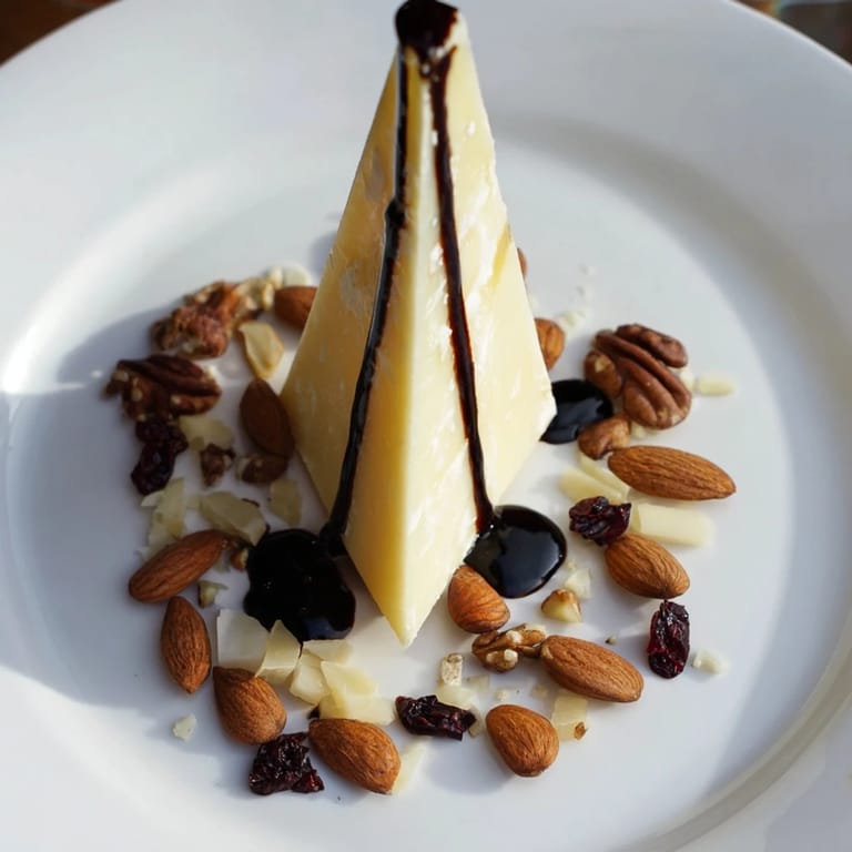 This stunning "Sundial" cheese platter showcases hard cheese, balsamic glaze, and various nuts for a treat.