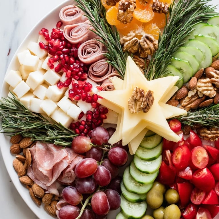 Enjoy the delicious variety of a Festive Holiday Tree Appetizer Platter, complete with a starfruit topper.