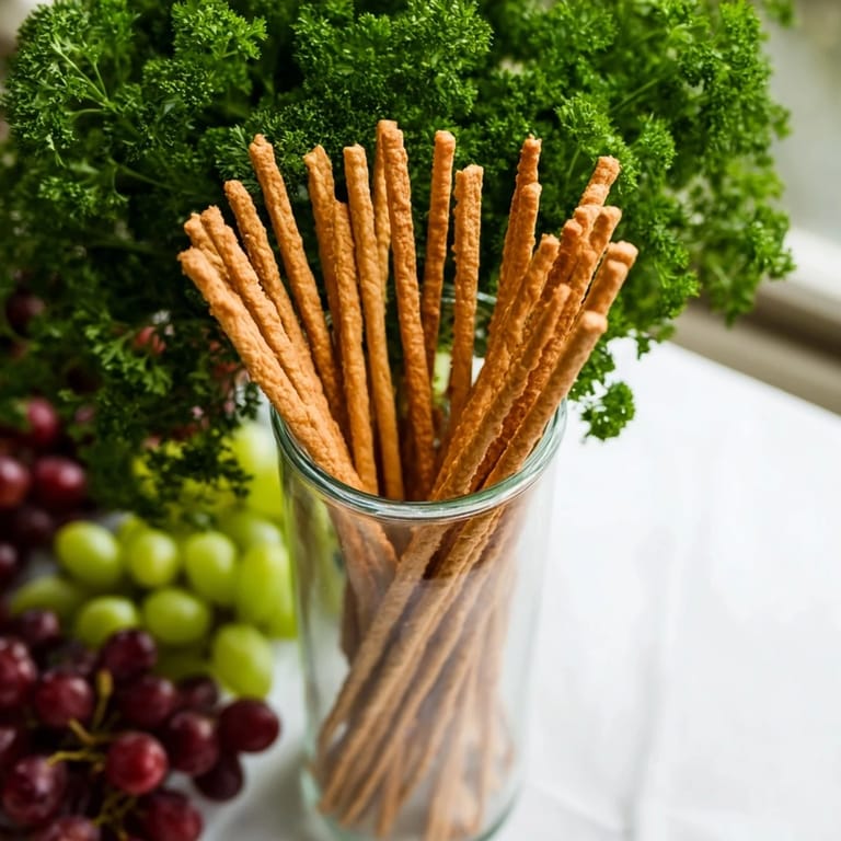 A beautiful serving of The Vertical Forest; breadsticks create a forest with grapes and green parsley.