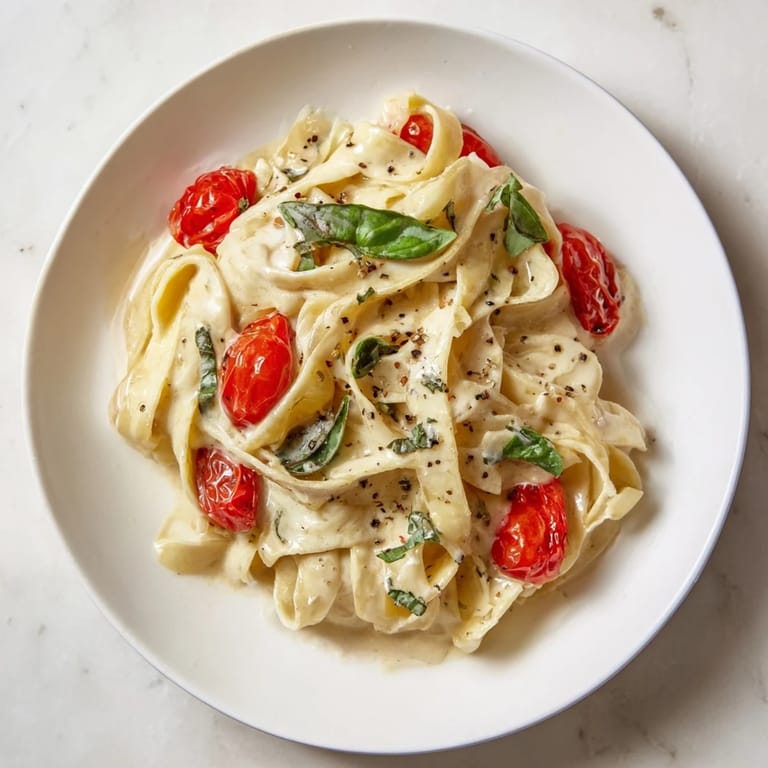 Fettuccine coated in rich, melted Baked Brie Pasta Sauce, garnished with fresh basil for a vibrant meal.