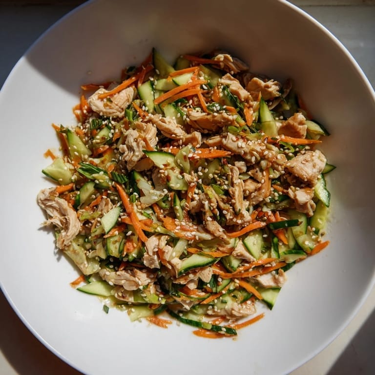 Freshly shaken deli container shaker chicken salad with a flavorful soy-sesame dressing, perfect for lunch.