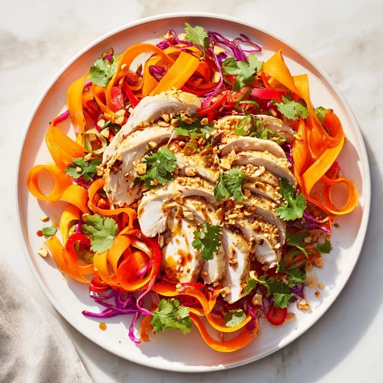 Thinly sliced chicken and carrot ribbons create a colorful, crunchy Carrot Ribbon and Chicken Slaw.