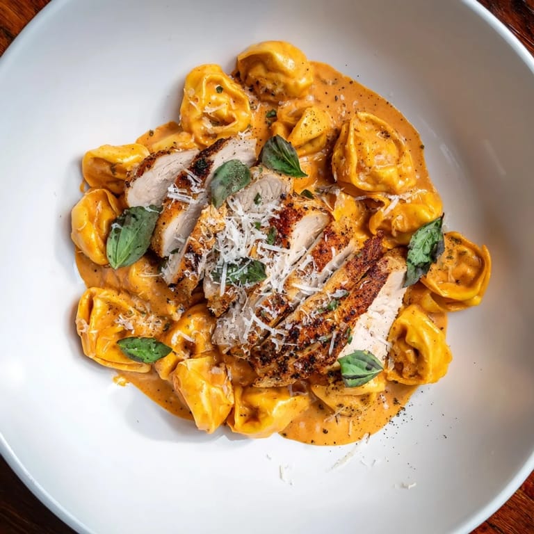 A close-up of golden brown sliced chicken and flavorful Marry Me Chicken Tortellini.