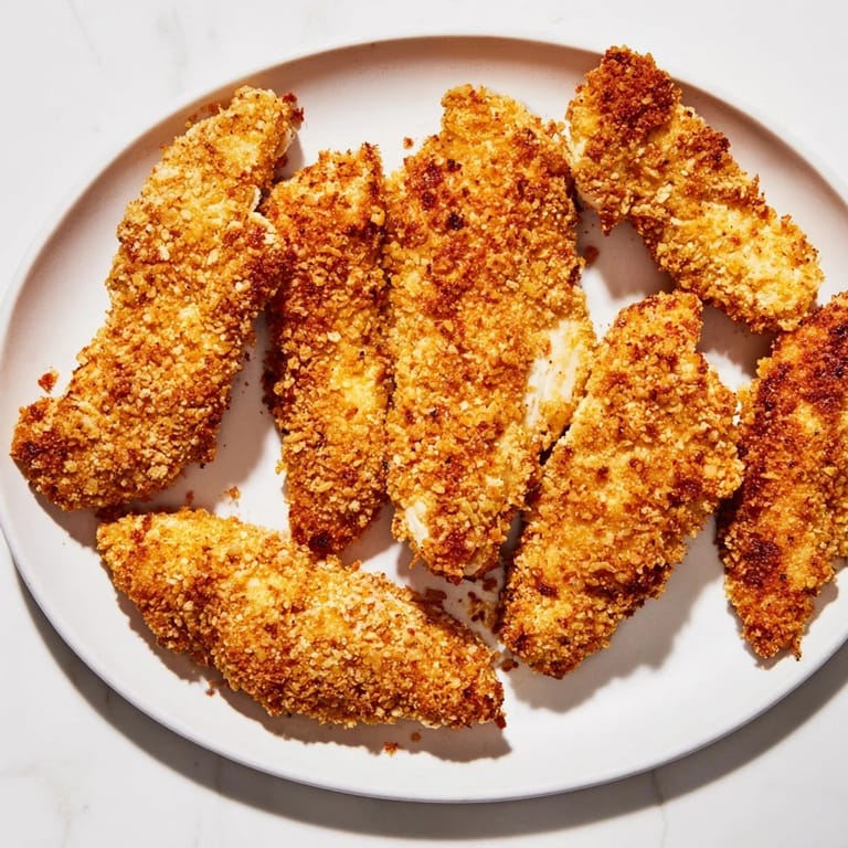 Freshly cooked air-fried chicken tenders glistening on a plate, offering a satisfying crunch.