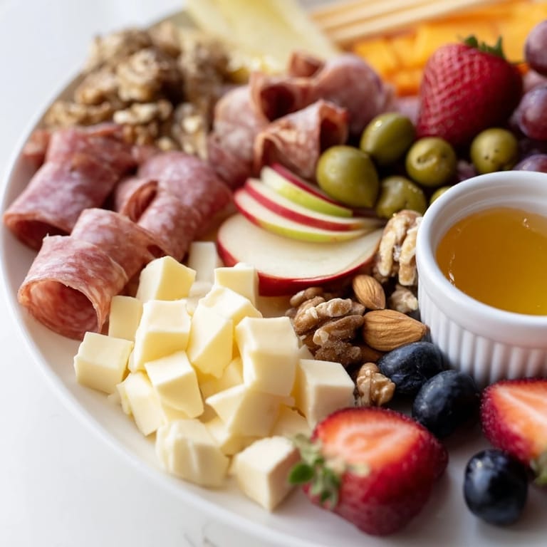 A close-up of a quick charcuterie snack board overflowing with delicious cheeses and meats.