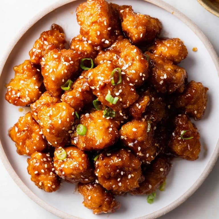 Close-up of sticky Honey-Sriracha Chicken Bites, with sesame seeds, a tasty American-Asian fusion dish.