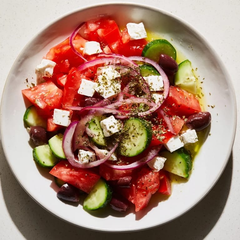 This Mediterranean Salad features creamy feta, crisp veggies and Kalamata olives, ready to enjoy.