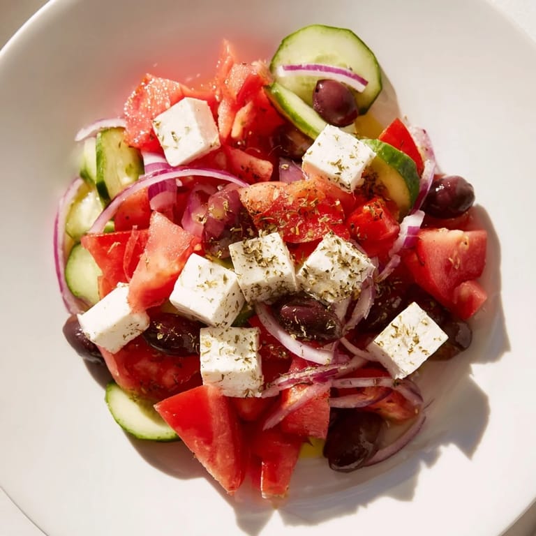 A colorful bowl of fresh Mediterranean Salad, perfect for a light lunch or a summer side dish.