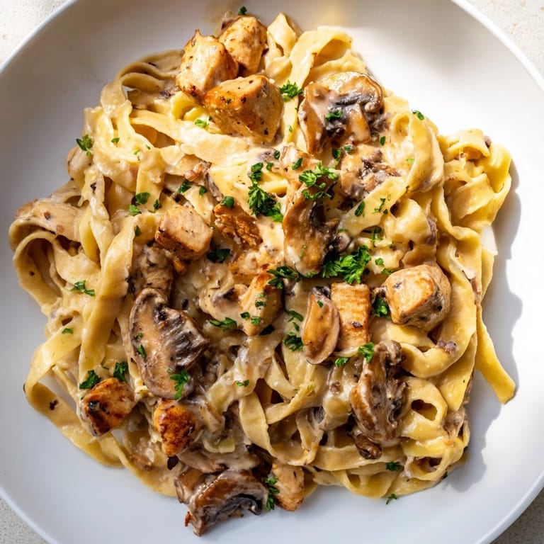 Delectable Creamy Mushroom Chicken Pasta, with golden chicken pieces and silky sauce, perfect for dinner.