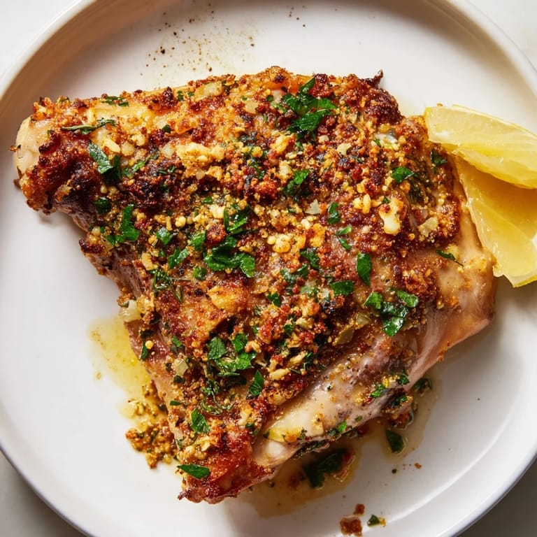 Juicy and tender, these crispy garlic chicken thighs are presented on a plate after baking.