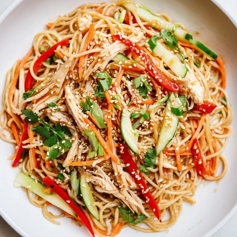 Delicious Chilled Chicken Noodle Salad, featuring colorful vegetables and tender chicken, served cold.