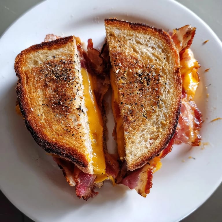 Sharp cheddar and crispy bacon nestled within a perfectly grilled, buttery Crispy Bacon Cheddar Grilled Cheese.