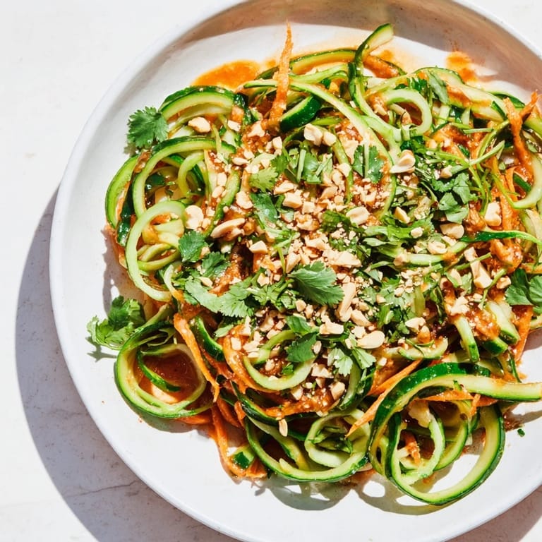 A close-up of a refreshing spicy cucumber noodle bowl, ready to eat with lime wedges.