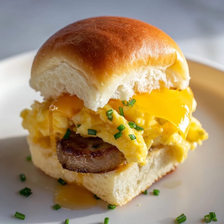 Warm, toasted buns brimming with sweet maple syrup, sausage, and egg make delicious mini breakfast sliders.
