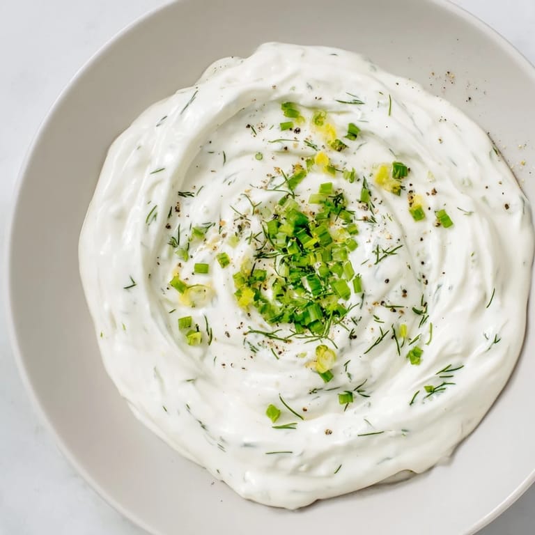 Cool, refreshing bowl of Greek Yogurt Ranch Dip, perfect for a flavorful, low-carb snack or topping.