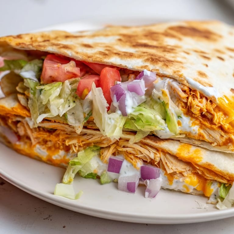 Golden-brown buffalo chicken wraps, with a creamy ranch drizzle and fresh, colorful vegetables.