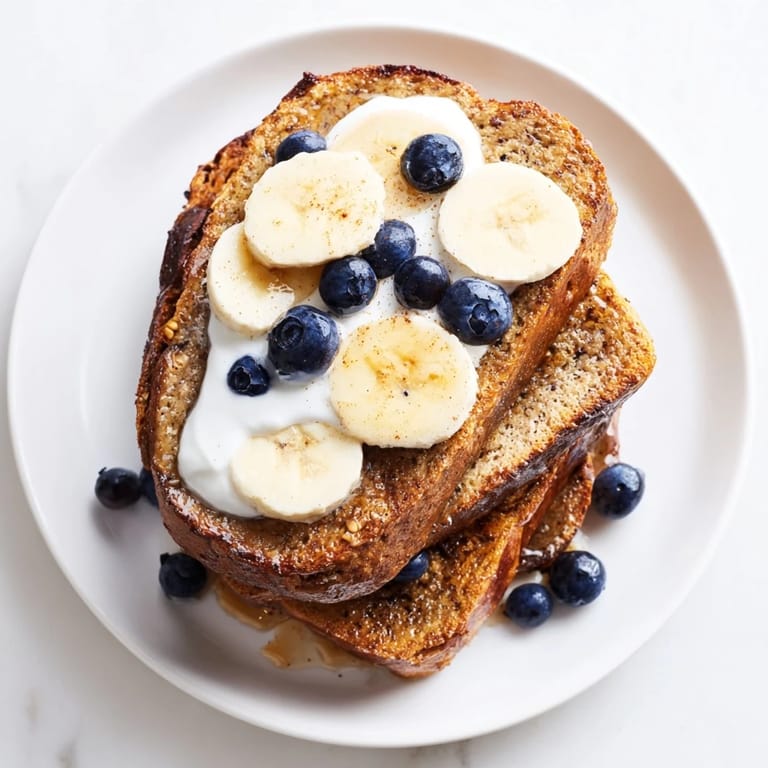 A fluffy stack of Protein French Toast, cooked to perfection, ready to be drizzled with syrup and enjoyed.