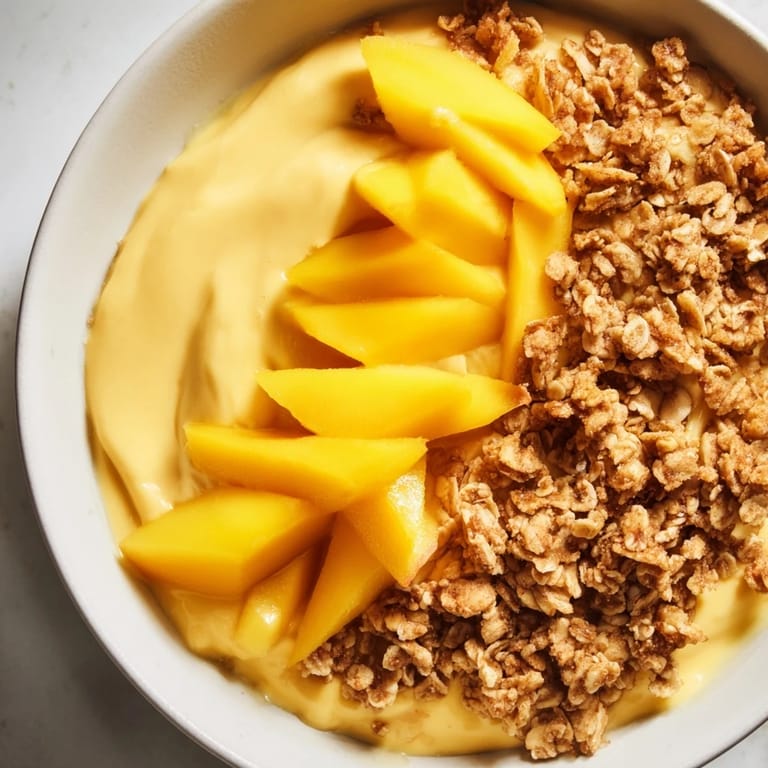 Vibrant photo of mango blended overnight oats, speckled with granola, ready to be eaten for a cool start.