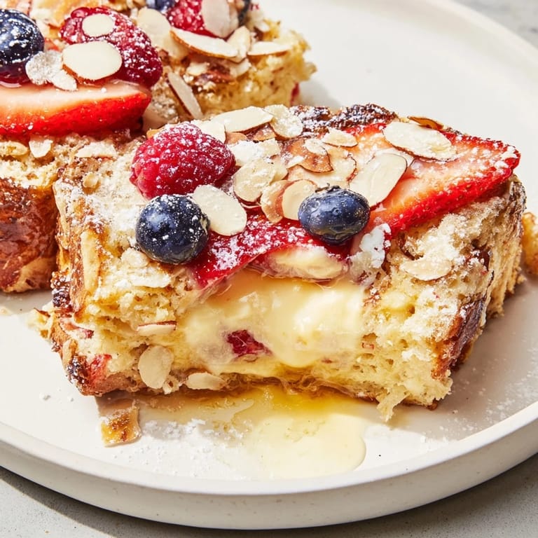 Warm Custard Toast topped with fresh berries and drizzled honey—a beautiful and delicious dish.