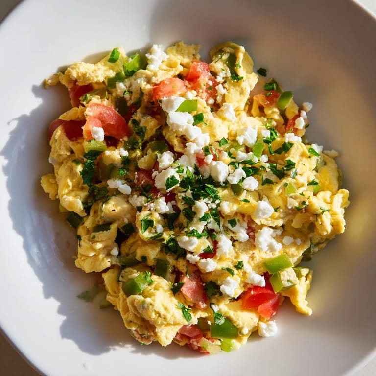 Enjoy a warm serving of Turkish Menemen Scramble, a savory Turkish-style egg dish with fresh ingredients.