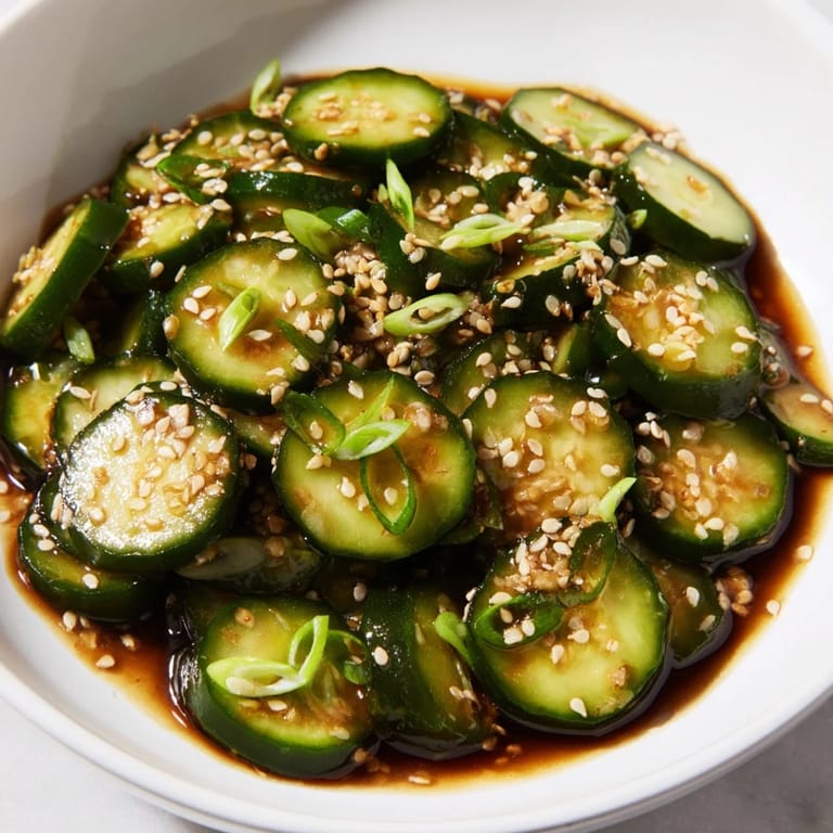 A bowl of flavorful Shake Shake Garlic Cucumbers with sesame seeds and green onions; a cooling, easy side dish.