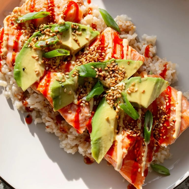 Prepare for a delicious bite with this vibrantly plated Emily Mariko Salmon Rice Bowl recipe with nori.