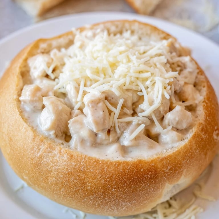 Savory Chicken Alfredo Bread Bowl served hot, its crispy crust holding a comforting, luscious sauce.